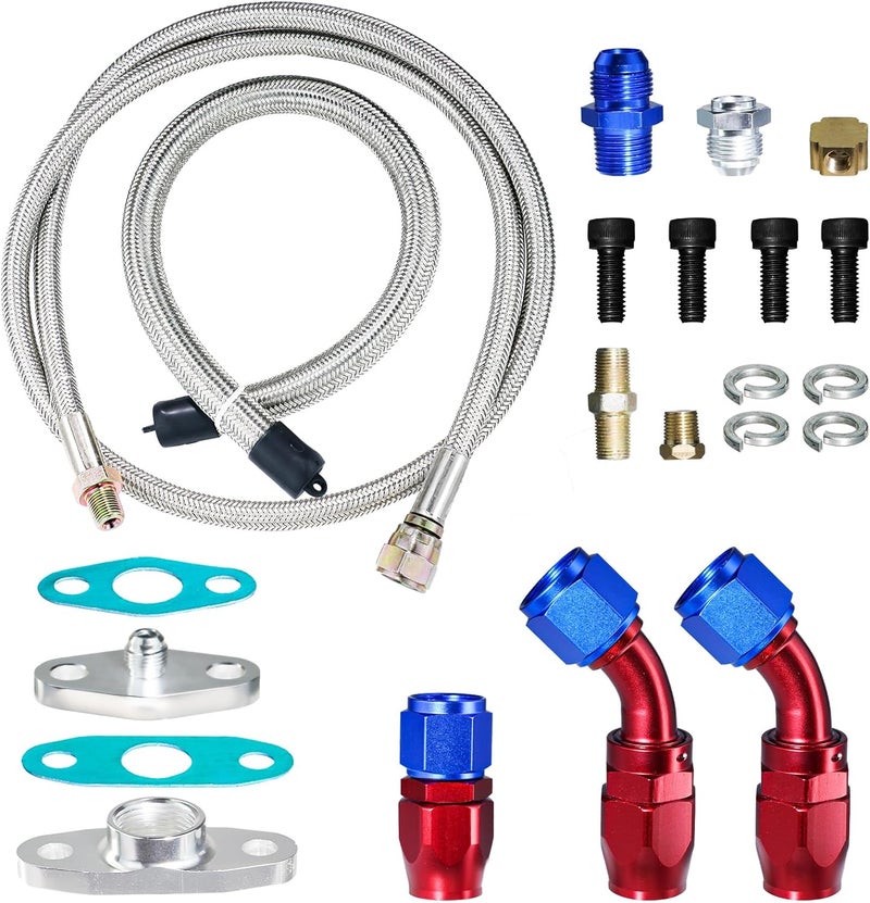 Dueilgo Universal Turbo Charger Oil Feed Line Return Line Drain Pipe Complete Kit - Compatible with T3 T4 T3/T4 T70 T66 T04E, Silver - Image 1